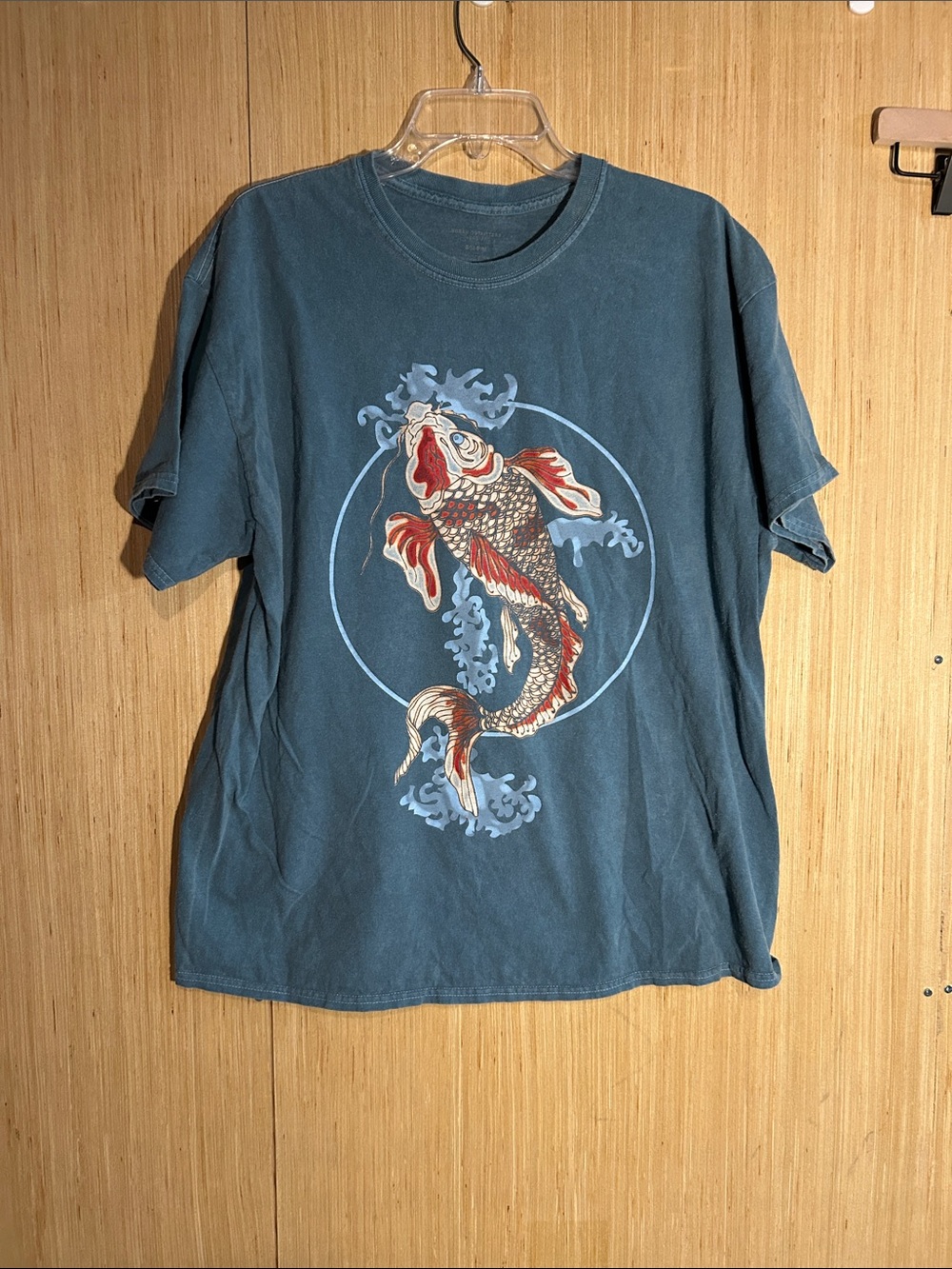 Urban Outfitters Blue Tee with Red and Cream Koi Graphic